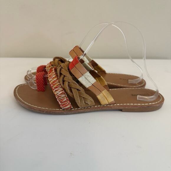Soludos leather Brown Sandals Size 8.5 red Braided Slip On Flat Boho Beachy - Picture 3 of 7